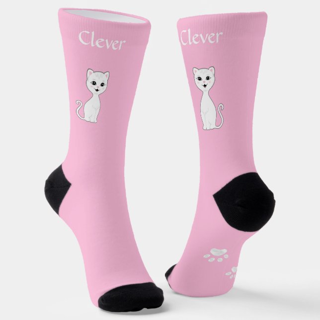 Cute Funny White Cat & Paws on Light Pink Socks (Angled)
