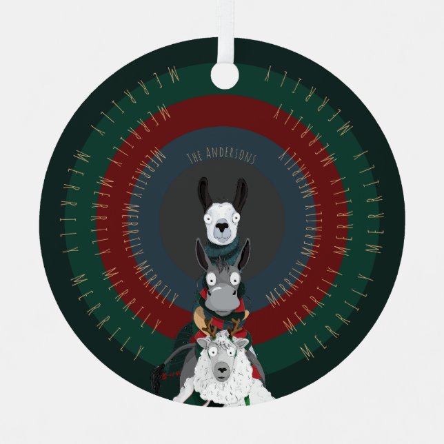 Cute Funny Winter Donkey, Llama & Sheep Metal Tree Decoration (Front)