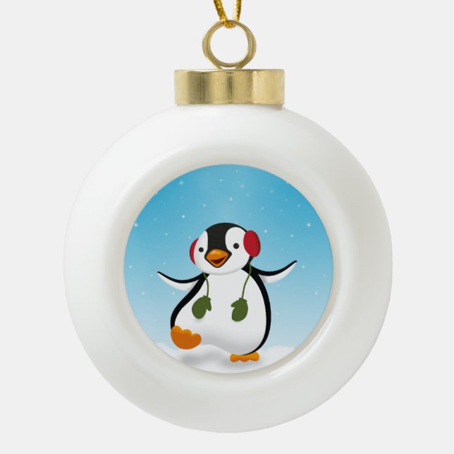 Cute Funny Winter Penguin Ceramic Ball Christmas Ornament (Front)