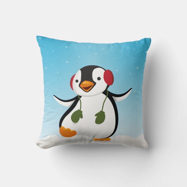 Cute Funny Winter Penguin Cushion (Front)