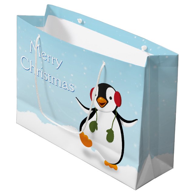 Cute Funny Winter Penguin Large Gift Bag (Front Angled)