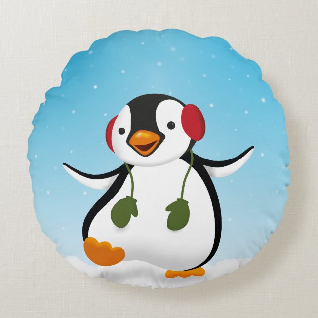 Cute Funny Winter Penguin Round Cushion (Front)