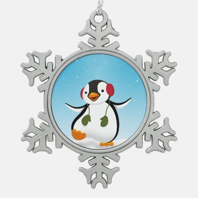 Cute Funny Winter Penguin Snowflake Pewter Christmas Ornament (Front)
