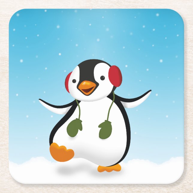 Cute Funny Winter Penguin Square Paper Coaster (Front)