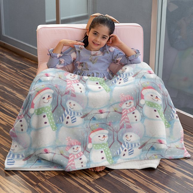 Cute Funny Winter Season Snowmen Watercolor Art Fleece Blanket (Creator Uploaded)