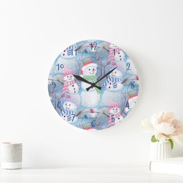 Cute Funny Winter Season Snowmen Watercolor Art Large Clock (Home)