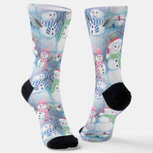 Cute Funny Winter Season Snowmen Watercolor Art Socks