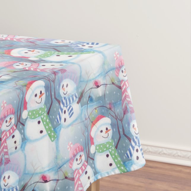 Cute Funny Winter Season Snowmen Watercolor Art Tablecloth (In Situ)