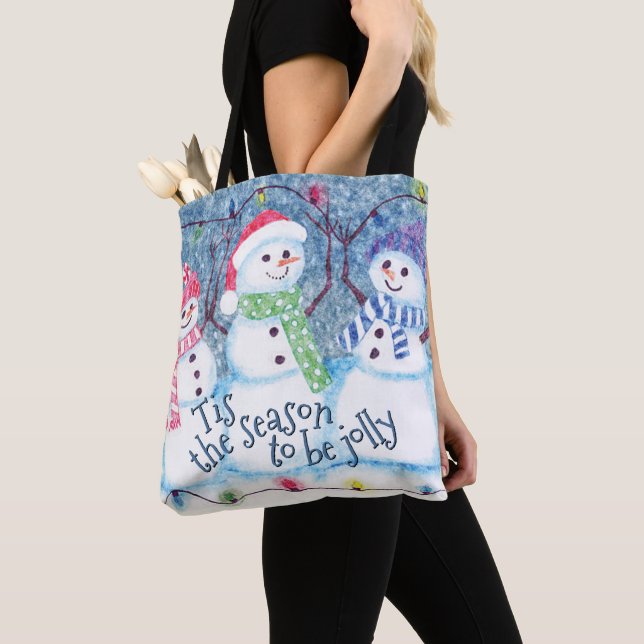 Cute Funny Winter Season Snowmen Watercolor Art Tote Bag (Close Up)