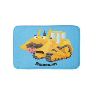 Cute funny yellow bulldozer cartoon character bath mat