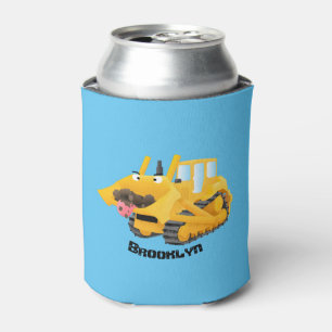 Cute funny yellow bulldozer cartoon character  can cooler
