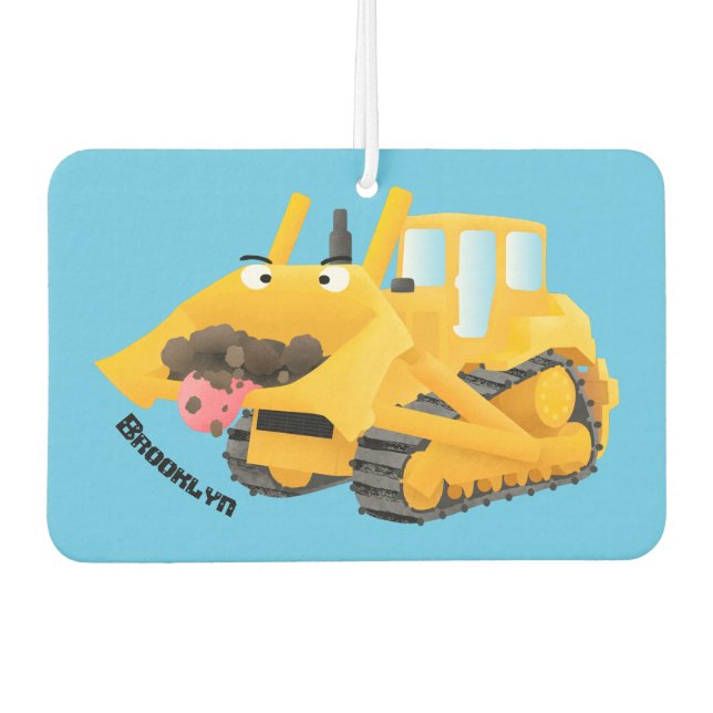 Cute funny yellow bulldozer cartoon character  car air freshener (Front)