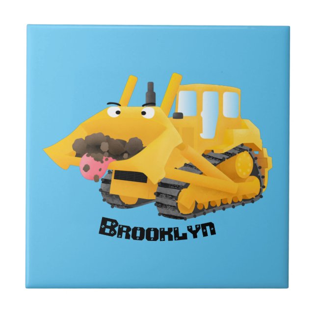 Cute funny yellow bulldozer cartoon character ceramic tile (Front)
