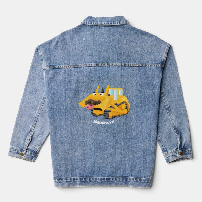 Cute funny yellow bulldozer cartoon character denim jacket (Back)