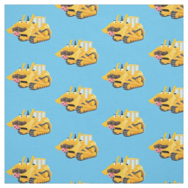 Cute funny yellow bulldozer cartoon character fabric (Swatch)