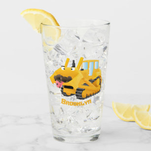 Cute funny yellow bulldozer cartoon character glass