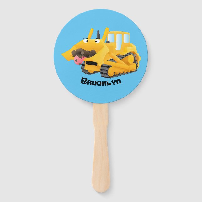 Cute funny yellow bulldozer cartoon character hand fan (Front)