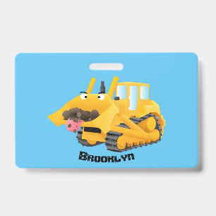 Cute funny yellow bulldozer cartoon character ID badge