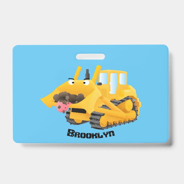 Cute funny yellow bulldozer cartoon character ID badge (Front)