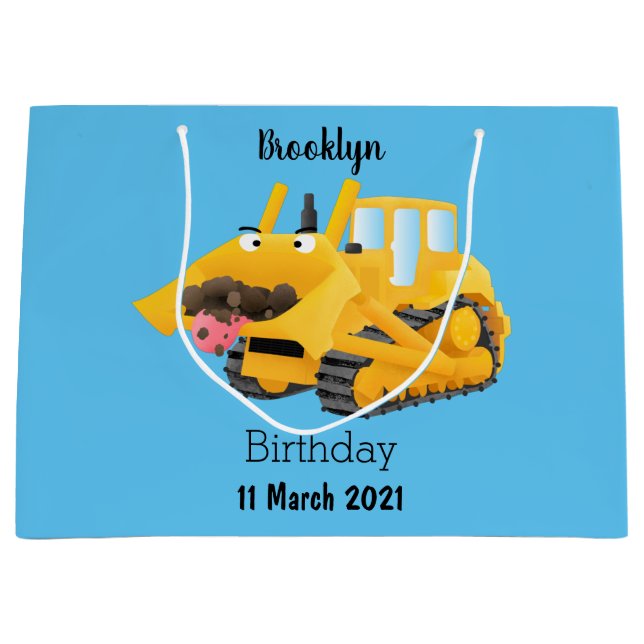 Cute funny yellow bulldozer cartoon character  large gift bag (Front)