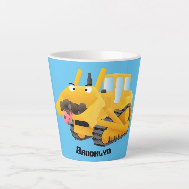 Cute funny yellow bulldozer cartoon character latte mug (Front)