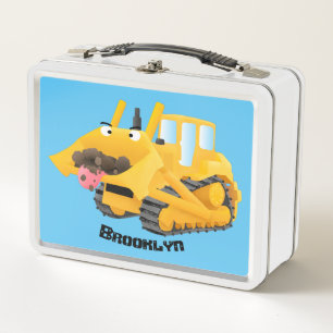 Cute funny yellow bulldozer cartoon character metal lunch box
