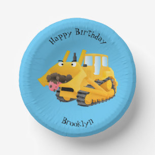Cute funny yellow bulldozer cartoon character paper plate