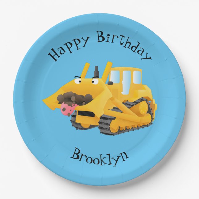 Cute funny yellow bulldozer cartoon character paper plate (Front)