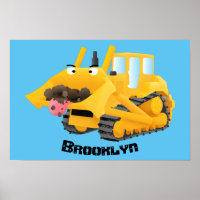 Cute funny yellow bulldozer cartoon character