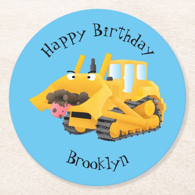 Cute funny yellow bulldozer cartoon character round paper coaster (Front)