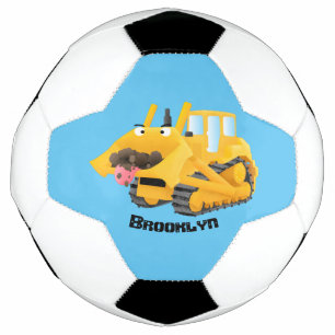 Cute funny yellow bulldozer cartoon character  soccer ball