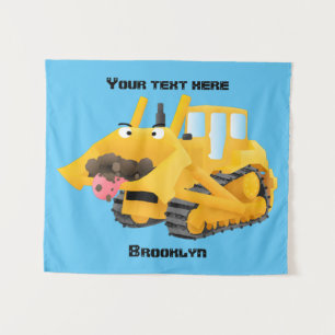 Cute funny yellow bulldozer cartoon character  tapestry