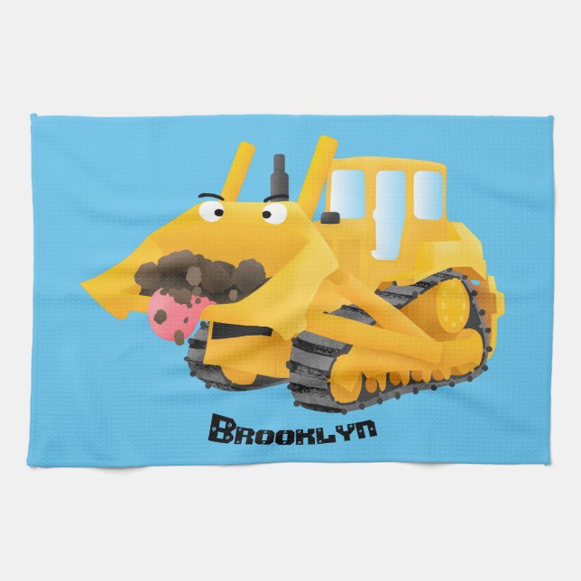 Cute funny yellow bulldozer cartoon character tea towel (Horizontal)