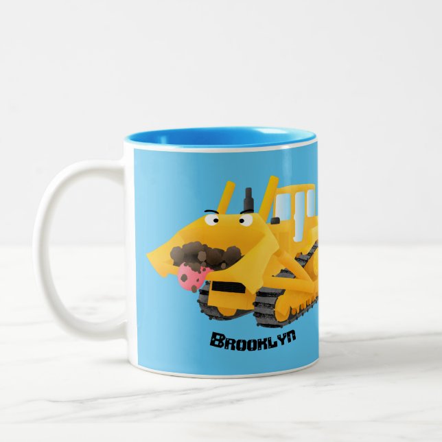 Cute funny yellow bulldozer cartoon character Two-Tone coffee mug (Left)