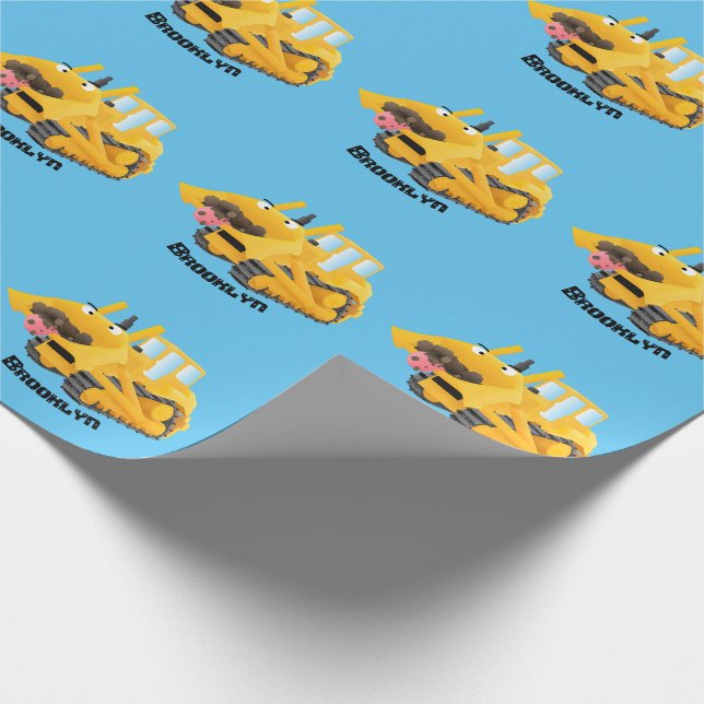 Cute funny yellow bulldozer cartoon character  wrapping paper (Corner)