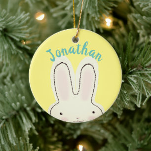 Cute funny yellow bunny cartoon personalised kids ceramic ornament