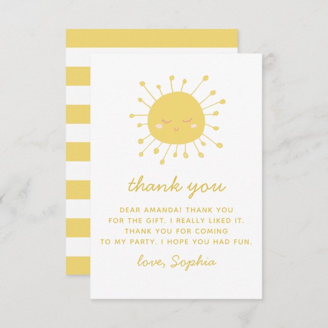 Cute funny yellow sun. Sunshine kids birthday Thank You Card (Front/Back)