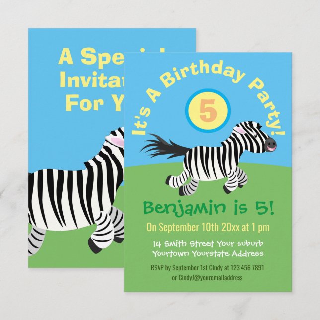 Cute funny zebra running cartoon birthday invitation (Front/Back)
