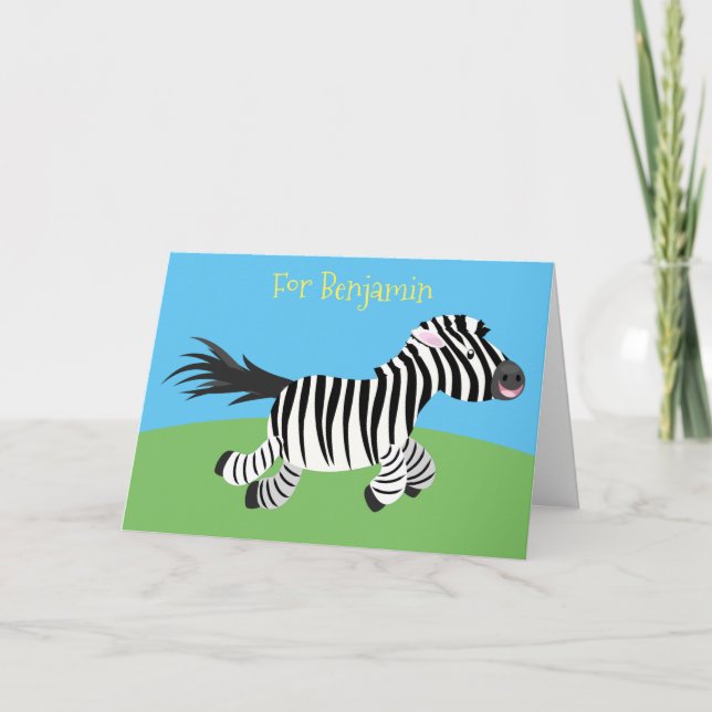 Cute funny zebra running cartoon illustration card (Front)