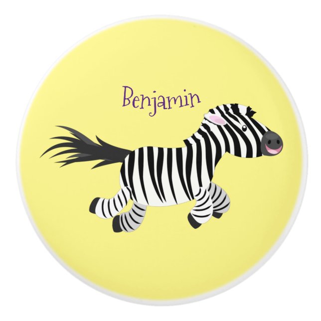 Cute funny zebra running cartoon illustration ceramic knob (Front)
