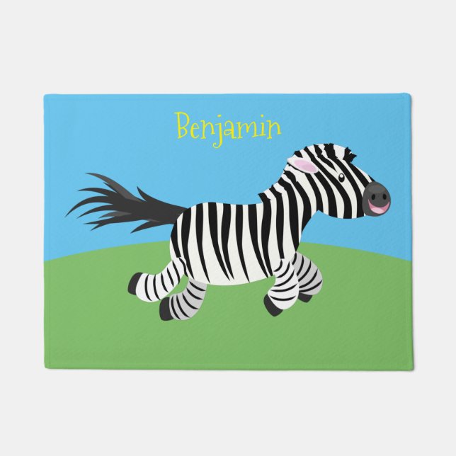 Cute funny zebra running cartoon illustration doormat (Front)