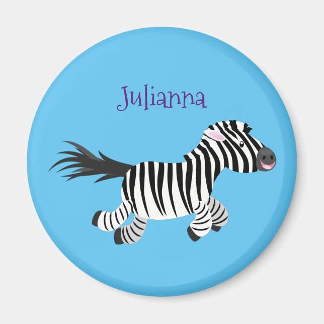 Cute funny zebra running cartoon illustration magnet (Front)