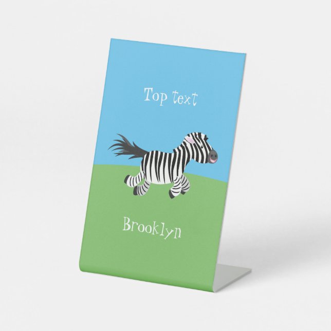 Cute funny zebra running cartoon illustration pedestal sign (Front)