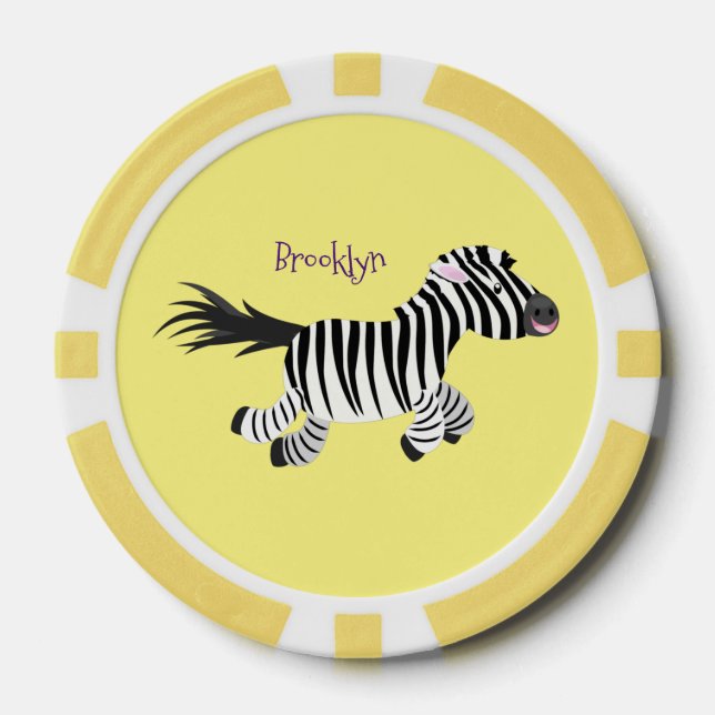 Cute funny zebra running cartoon illustration poker chips (Front)