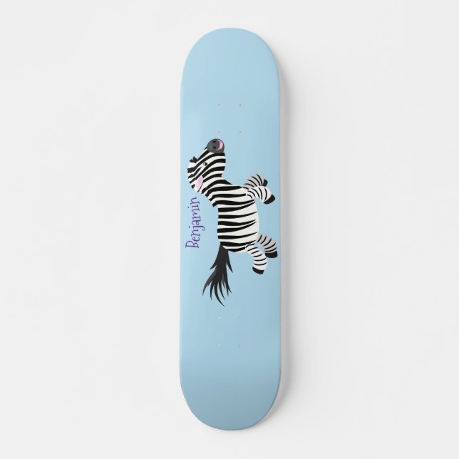 Cute funny zebra running cartoon illustration skateboard (Front)