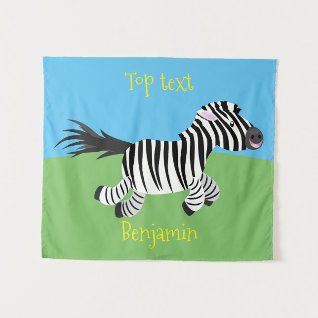 Cute funny zebra running cartoon illustration tapestry (Front (Horizontal))