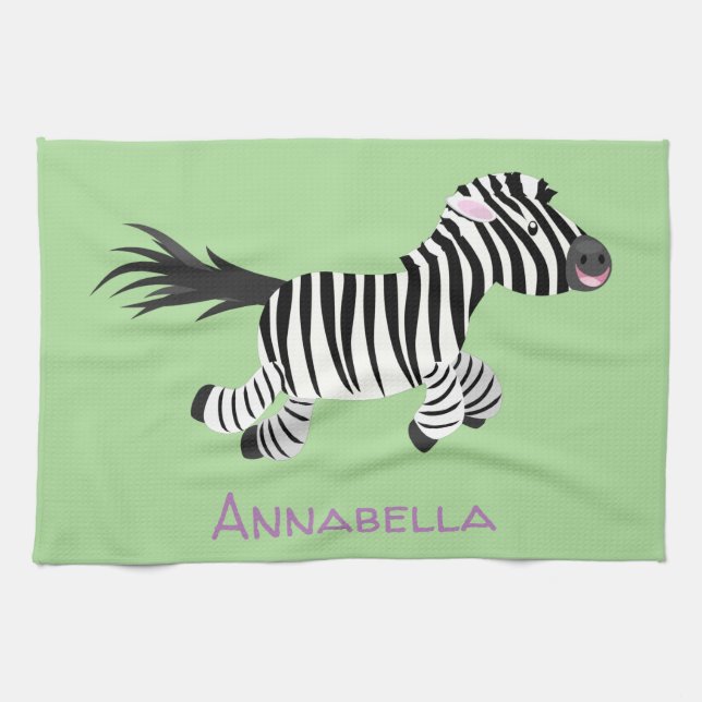 Cute funny zebra running cartoon illustration tea towel (Horizontal)