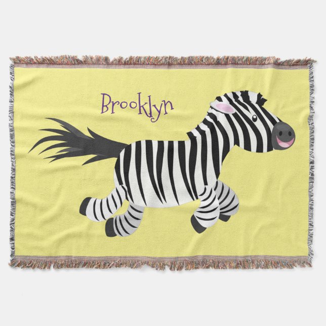 Cute funny zebra running cartoon illustration throw blanket (Front)