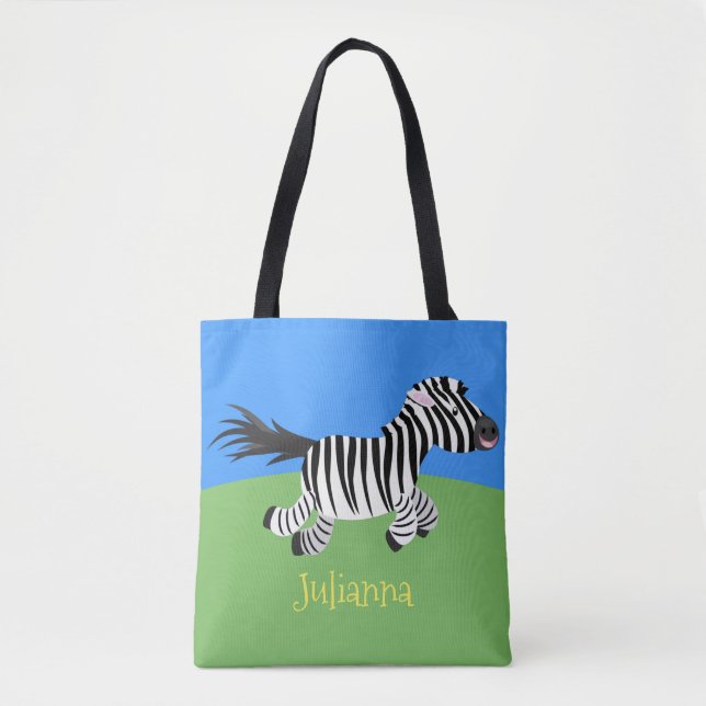 Cute funny zebra running cartoon illustration tote bag (Front)