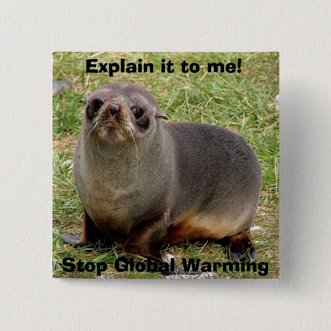 Cute Fur Seal Stop Global Warming Button (Front)